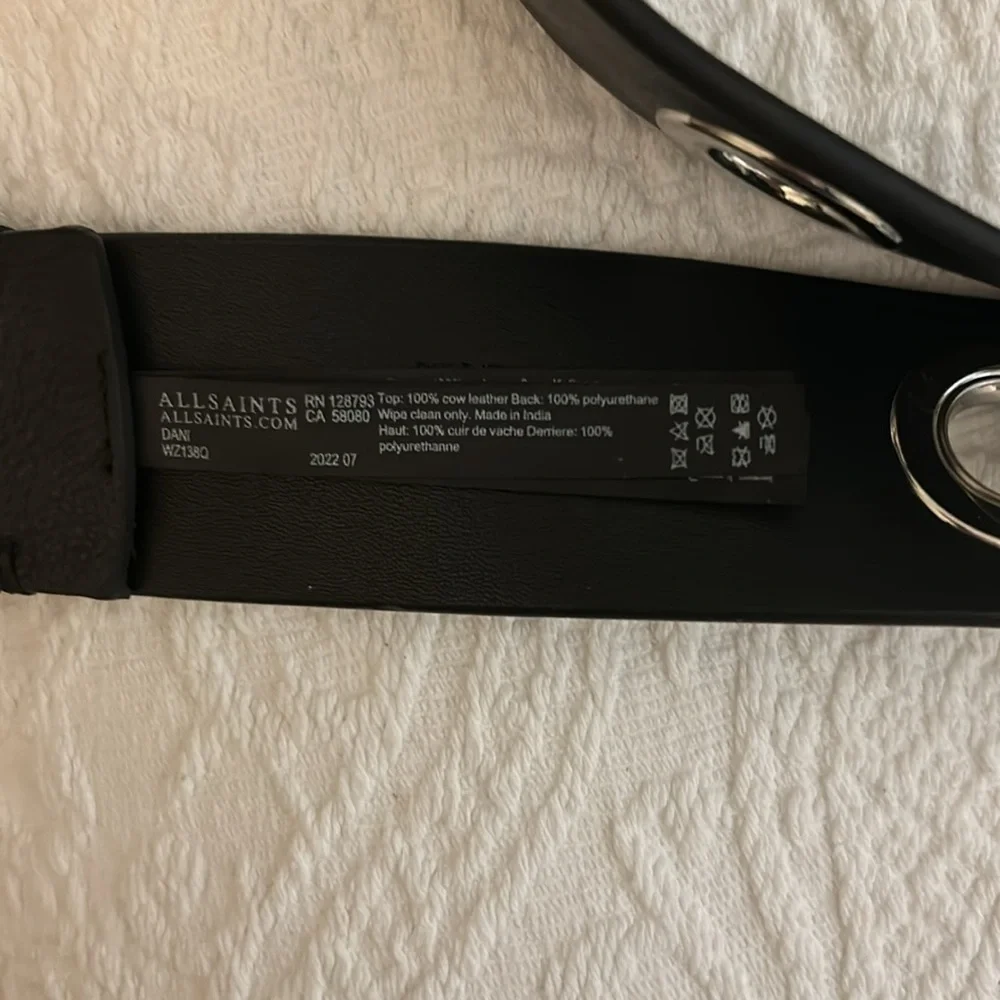 All Saints Dani Leather Belt, Womens, black, large silver rivets, size L/XL. New